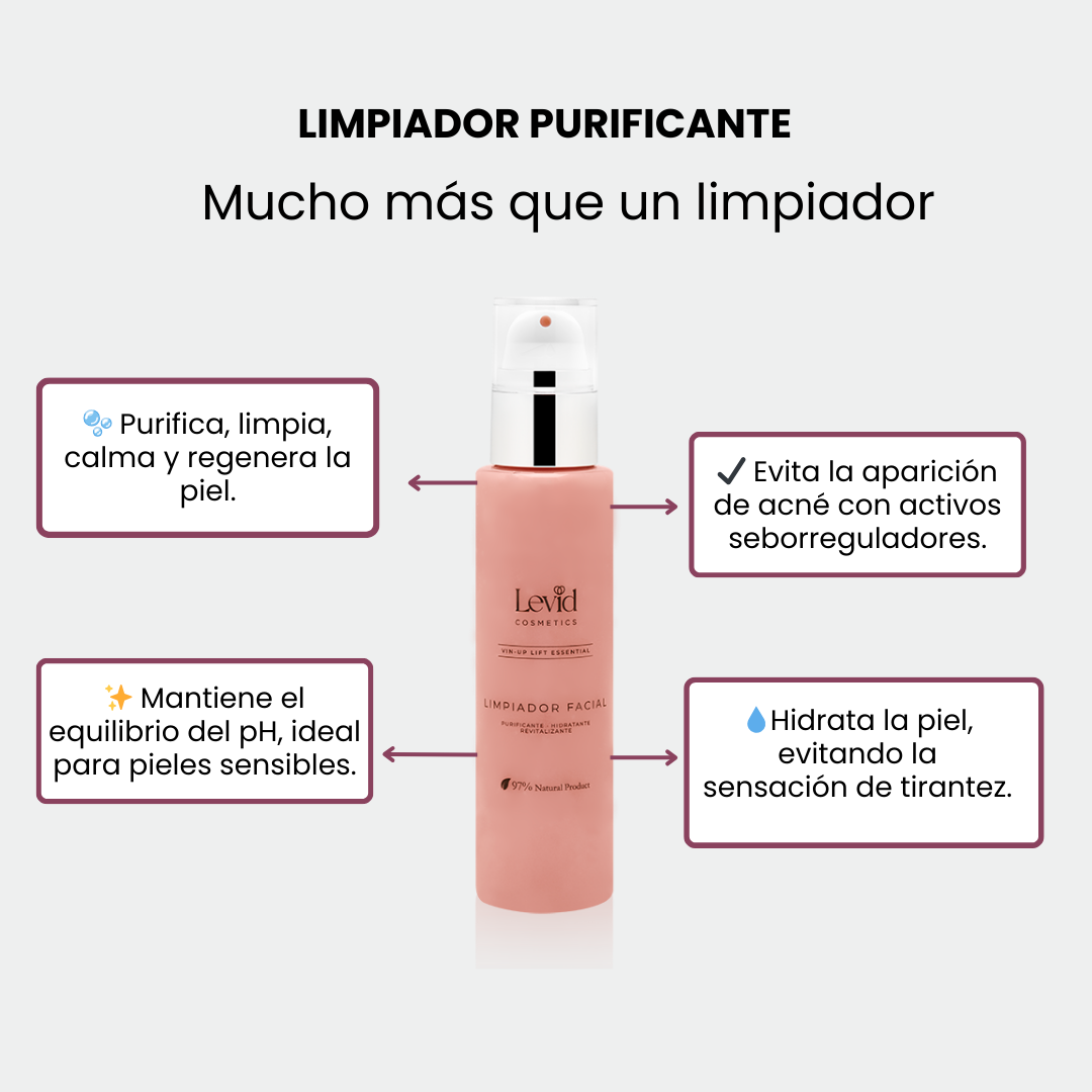 Beneficios del limpiador purificante en gel de Levid Cosmetics.